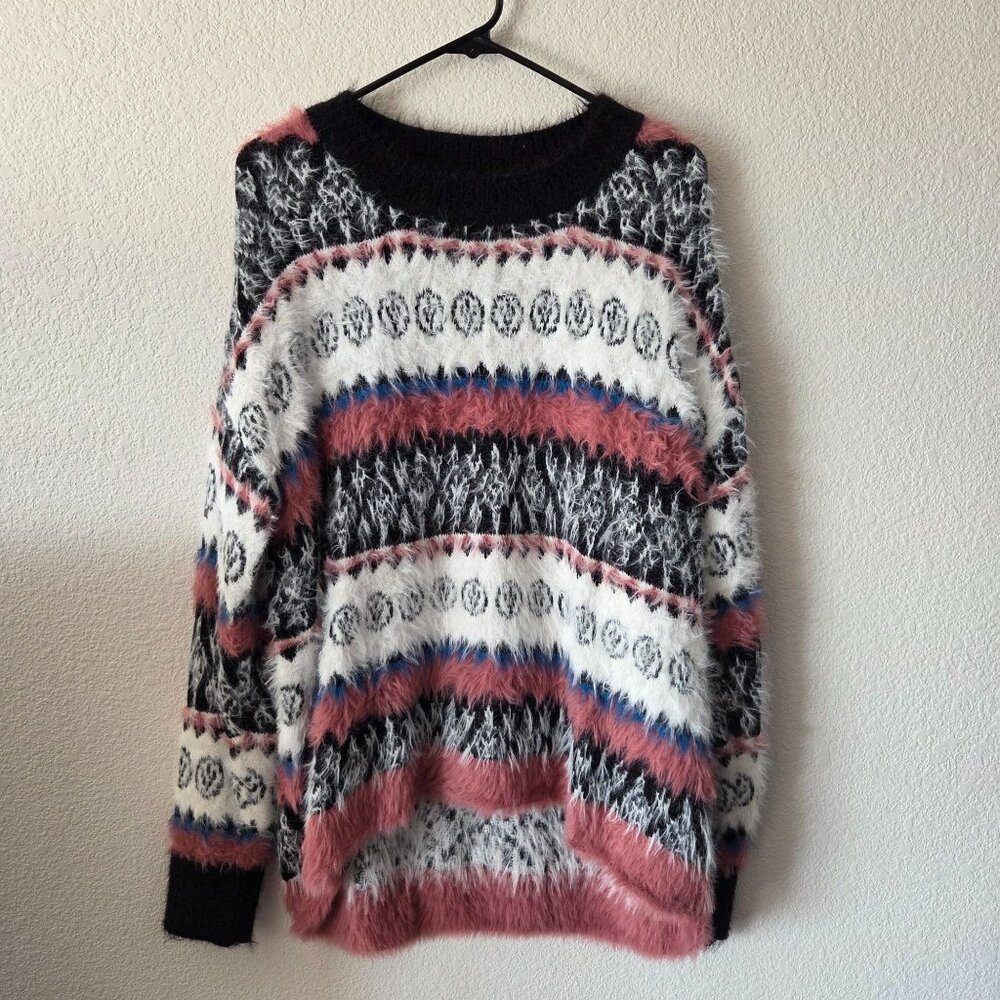 Eesome US Womens Large Colorful Striped Fuzzy Knit Sweater Winter Cozy